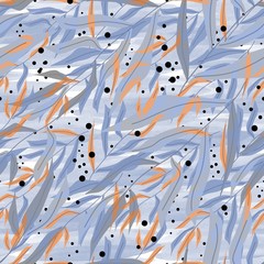 Seamless pattern of orange and blue willow twigs, black peas under water.