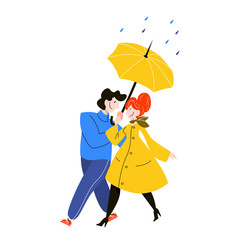 Romantic couple walking under the umbrella. Rain in autumn.