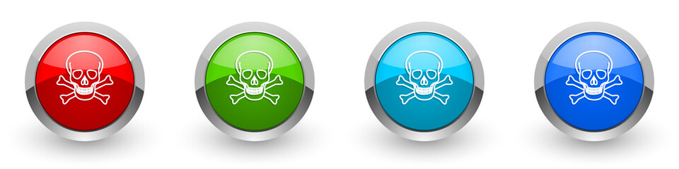 Skull silver metallic glossy icons, red, set of modern design buttons for web, internet and mobile applications in four colors options isolated on white background