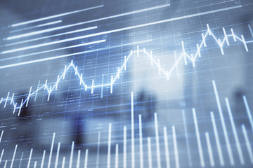 Stock market chart with trading desk bank office interior on background. Double exposure. Concept of financial analysis
