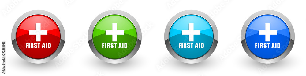 Poster first aid silver metallic glossy icons, red, set of modern design buttons for web, internet and mobi