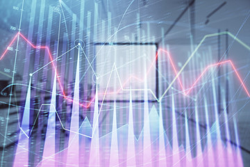 Stock market chart with trading desk bank office interior on background. Double exposure. Concept of financial analysis