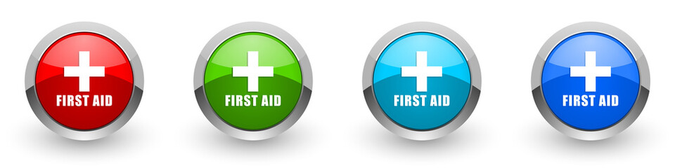 Fototapeta premium First aid silver metallic glossy icons, red, set of modern design buttons for web, internet and mobile applications in four colors options isolated on white background