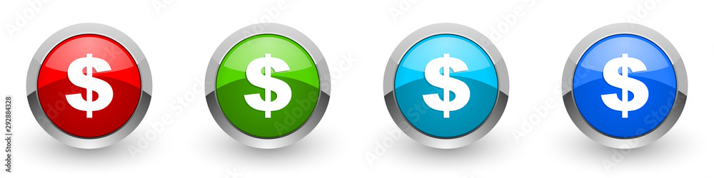 Poster Dollar silver metallic glossy icons, red, set of modern design buttons for web, internet and mobile applications in four colors options isolated on white background