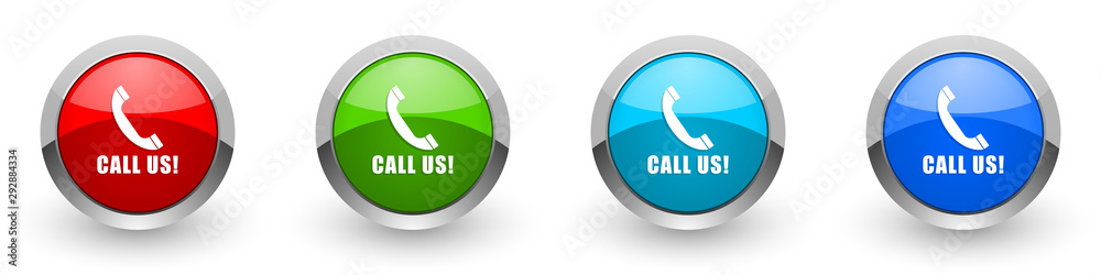 Poster call us silver metallic glossy icons, red, set of modern design buttons for web, internet and mobile