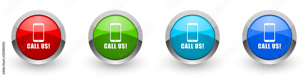 Aufkleber call us silver metallic glossy icons, red, set of modern design buttons for web, internet and mobile