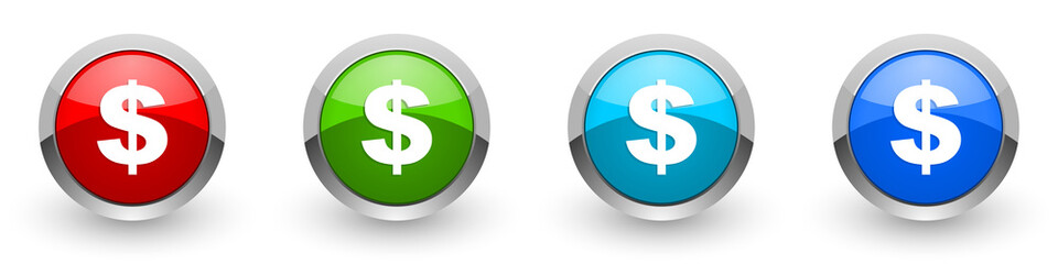 Obraz premium Dollar silver metallic glossy icons, red, set of modern design buttons for web, internet and mobile applications in four colors options isolated on white background