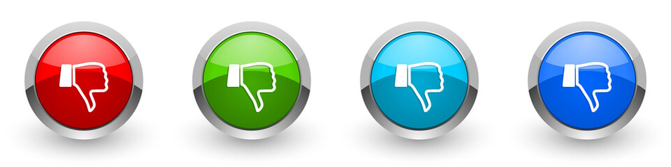 Dislike silver metallic glossy icons, red, set of modern design buttons for web, internet and mobile applications in four colors options isolated on white background