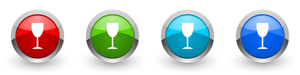 Alcohol silver metallic glossy icons, red, set of modern design buttons for web, internet and mobile applications in four colors options isolated on white background