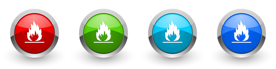 Flame silver metallic glossy icons, red, set of modern design buttons for web, internet and mobile applications in four colors options isolated on white background