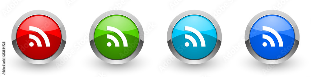 Poster Rss silver metallic glossy icons, red, set of modern design buttons for web, internet and mobile applications in four colors options isolated on white background