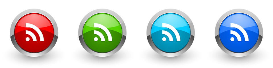 Fototapeta premium Rss silver metallic glossy icons, red, set of modern design buttons for web, internet and mobile applications in four colors options isolated on white background