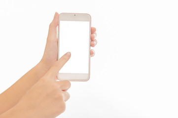 close-up hand using phone mobile  blank white screen isolated on white background.
