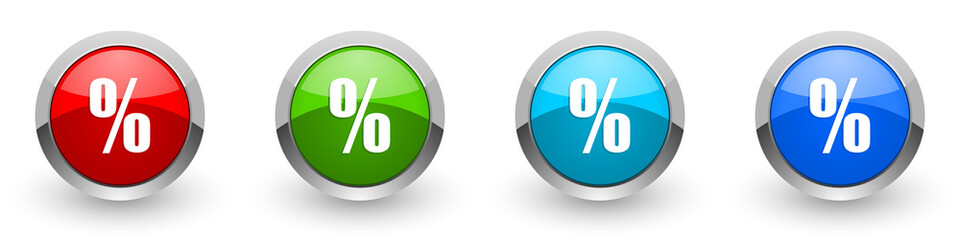 Percent silver metallic glossy icons, red, set of modern design buttons for web, internet and mobile applications in four colors options isolated on white background