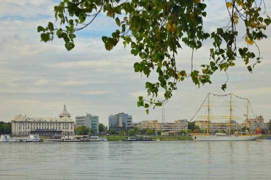 Galati, Romania - September 17, 2019. Brice Mircea Romanian Military Navy School Ship docked on Danube river