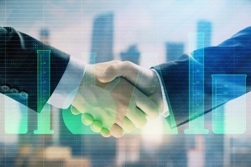 Double exposure of chemistry theme hologram on city view background with handshake. Concept of...