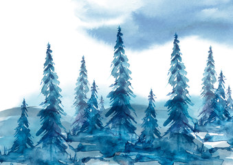 Watercolor trees, forest, pine, cedar blue spruce, landscape. The forest is in a fog. In different embodiments.  Illustration made for a different design.Forest Watercolor landscape. Misty blue forest