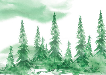  Watercolor trees, forest, pine, cedar spruce, landscape. The forest is in a fog. In different embodiments. Illustration made for a different design.Forest Watercolor landscape. Misty green forest