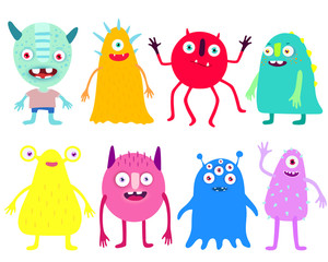set of cute monsters isolated on white, flat design