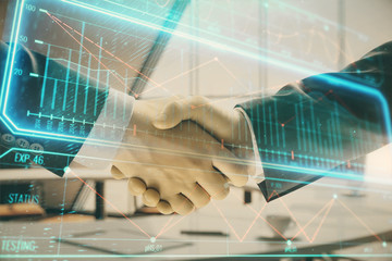 Double exposure of business theme drawing on office background with two businessmen handshake. Concept business