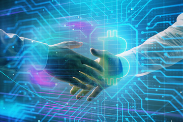 Multi exposure of bitcoin sign on abstract background with two men handshake. Concept of cryptocurrency