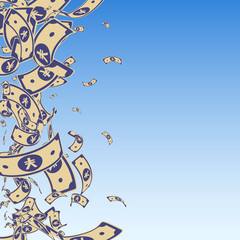 Chinese yuan notes falling. Messy CNY bills on blu