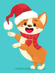 Cute Christmas Corgi puppy stands on its hind legs in a red hat. Vector illustration in cartoon flat style.