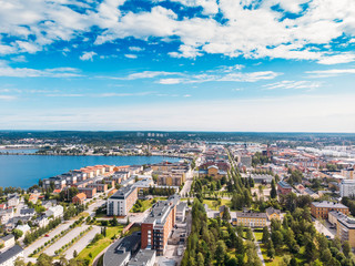 Lulea, Sweden - July 05, 2019: Panorama city, Cathedral sunny day, blue sky