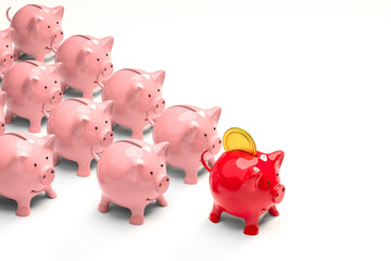 business success metaphor - one unlike the other - leader red piggy bank with gold coins and empty pink pigs 3d illustration