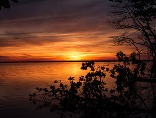 sunset over the lake with trees