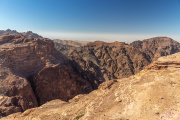 View from the observation deck near Ad Deir monastery. Petra, Jordan. Petra is the main attraction of Jordan. Petra is included in the UNESCO heritage list.