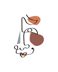 One line drawing face. Modern minimalism art, aesthetic contour. Abstract woman portrait minimalist style. Single line vector illustration