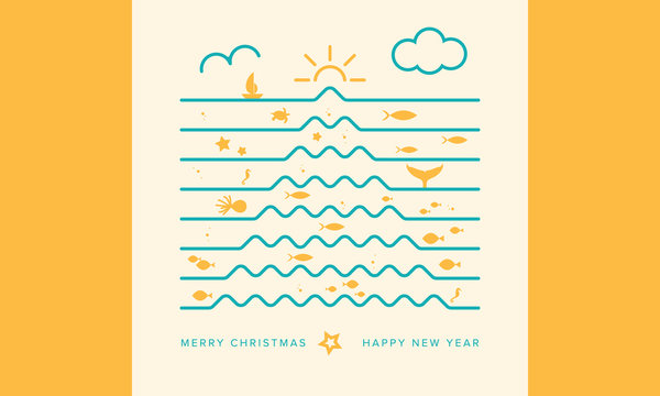 Original and Creative Christmas Card, Inspired by Marine Life and Summer. Christmas Tree Made Up Of Waves. Square Format. Vector Illustration.