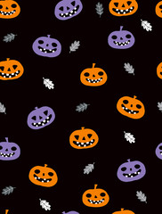 Funny Happy Halloween Vector Illustration for Card, Invitation, Pattern, Poster. Halloween Pattern with Angry Orange and Violet Pumpkins Isolated on a Black Background. 