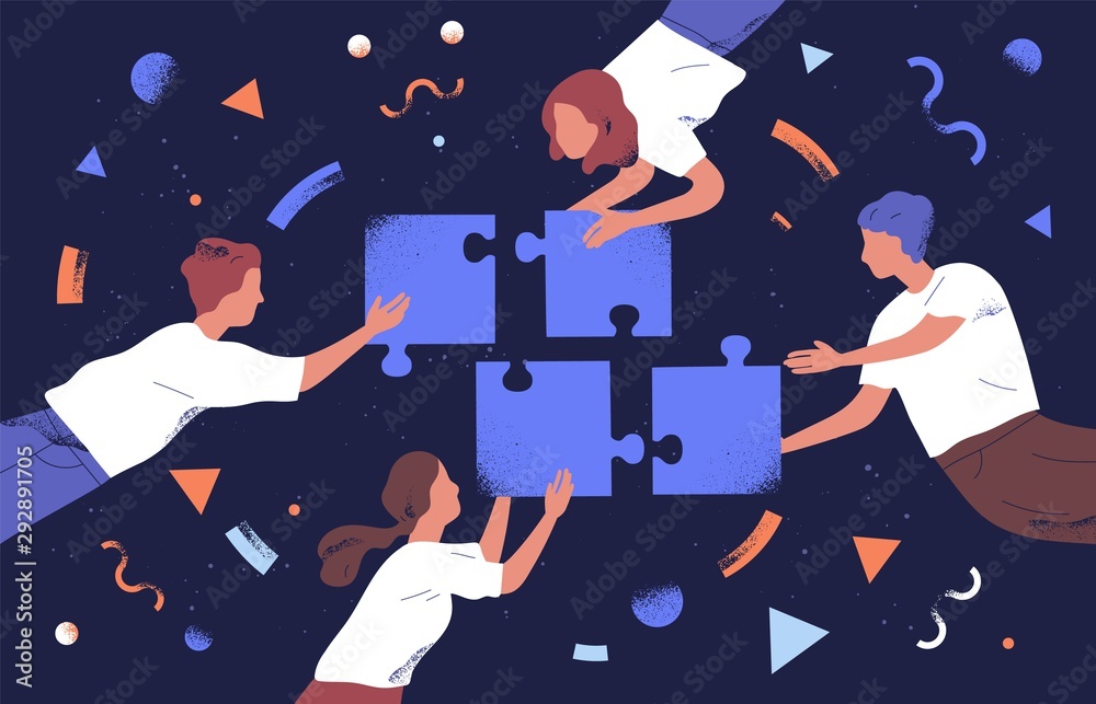 Poster teamwork and team building flat vector illustration. coworkers assembling jigsaw puzzle cartoon char