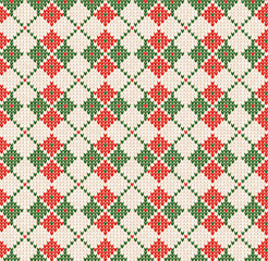 Winter Christmas x-mas knit seamless background Knitted pattern. Checkered plaid