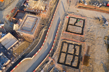 Aerial view over a construction site of new homes being built