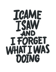 I came i saw and i forget what i was doing. Funny phrase, hand drawn dry brush lettering. Ink illustration. Modern calligraphy phrase. Vector illustration.
