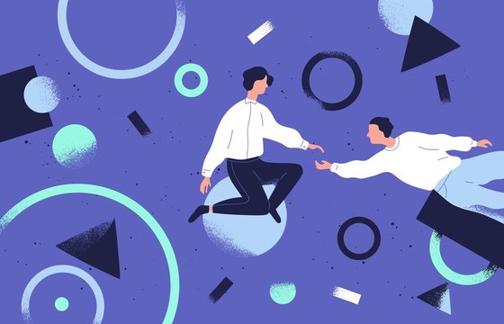 Teamwork and support flat vector illustration. Coworkers cartoon characters and abstract geometrical shapes. Coworking and business partnership concept. Businessmen and businesswomen cooperation.
