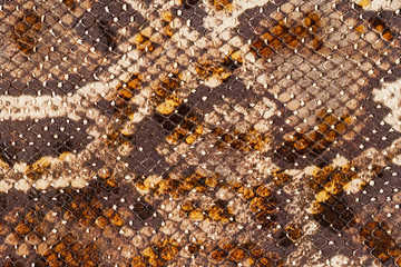 Snakeskin pattern on genuine leather close-up, imitation of exotic reptile, surface of bright brown color