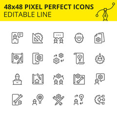 Simple set of icons for engineering processes as well as design and analysis, which includes icons for technical drawings and constructional drafting. 48x48 Pixel perfect icon, editable stroke. Vector
