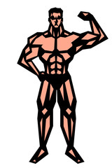 男,筋肉,ボディビル,マッチョ,ポーズ,全身,パンツ,ビキニ,白背景,版画,切り絵,喜怒哀楽,表情
