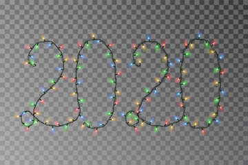 New year lights vector, 2020 color light string isolated on dark background. Transparent decorative garland. Holiday light decor effect element. Vector illustration