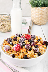 Served breakfast.Bowl of muesli with frozen berry fruits, on top of white wooden table.