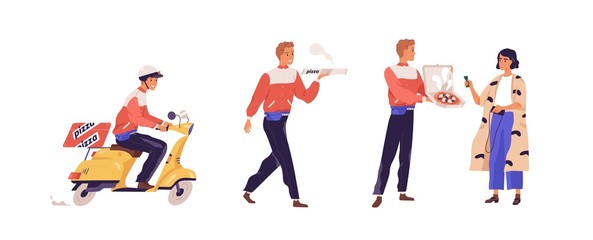 Pizza delivery flat vector illustration. Girl cartoon character receiving pizzeria order. Deliveryman on scooter, guy carrying box with food isolated design elements. Fastfood courier service.