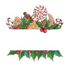 Vintage Christmas peppermint candies, gingerbread cookies and holly berries frame. hand drawn watercolor elements isolated on white background.