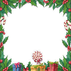 Vintage Christmas peppermint candies and holly berries frame. hand drawn watercolor elements isolated on white background.