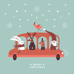 Obraz na płótnie Canvas Christmas illustration. Santa, rabbit, deer and squirrel go by bus