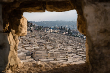 Ancient Jewish cemetery on the Mount of Olives in Jerusalem, Israel. Evening light