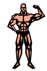 ハゲ,筋肉,ボディビル,マッチョ,ポーズ,全身,パンツ,ビキニ,白背景,版画,切り絵,喜怒哀楽,表情
